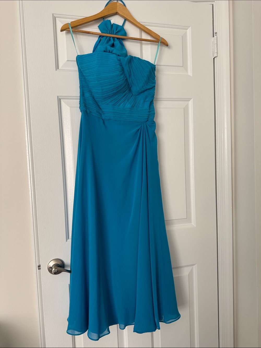 Teal Blue Pleated Bodice Halter Evening Dress